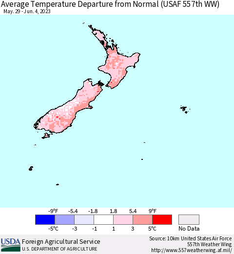 New Zealand Average Temperature Departure from Normal (USAF 557th WW) Thematic Map For 5/29/2023 - 6/4/2023