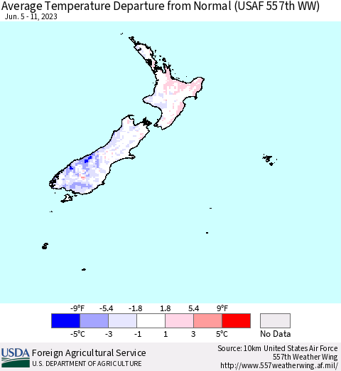 New Zealand Average Temperature Departure from Normal (USAF 557th WW) Thematic Map For 6/5/2023 - 6/11/2023