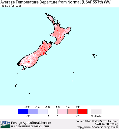 New Zealand Average Temperature Departure from Normal (USAF 557th WW) Thematic Map For 6/19/2023 - 6/25/2023