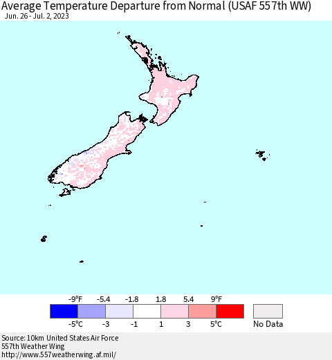 New Zealand Average Temperature Departure from Normal (USAF 557th WW) Thematic Map For 6/26/2023 - 7/2/2023