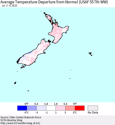 New Zealand Average Temperature Departure from Normal (USAF 557th WW) Thematic Map For 7/3/2023 - 7/9/2023