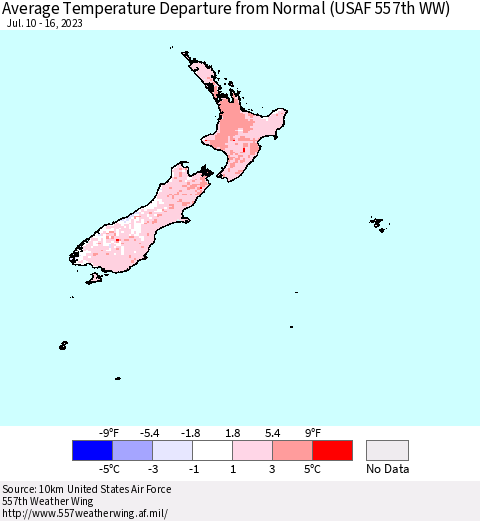 New Zealand Average Temperature Departure from Normal (USAF 557th WW) Thematic Map For 7/10/2023 - 7/16/2023