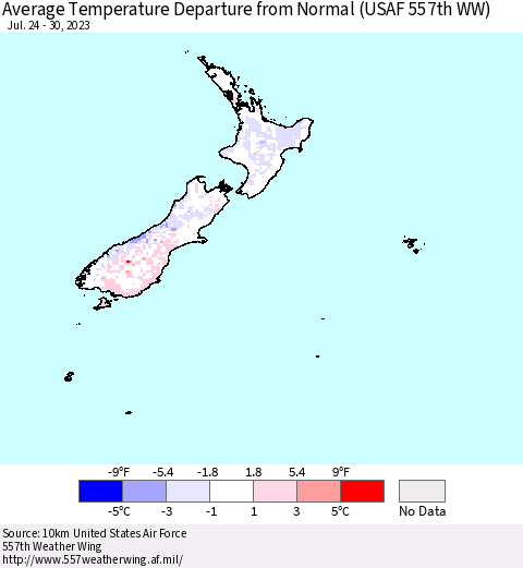New Zealand Average Temperature Departure from Normal (USAF 557th WW) Thematic Map For 7/24/2023 - 7/30/2023