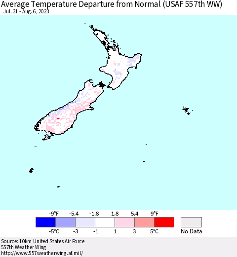 New Zealand Average Temperature Departure from Normal (USAF 557th WW) Thematic Map For 7/31/2023 - 8/6/2023