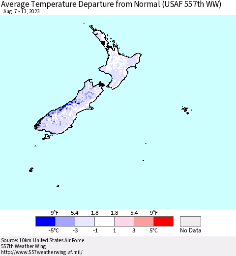 New Zealand Average Temperature Departure from Normal (USAF 557th WW) Thematic Map For 8/7/2023 - 8/13/2023