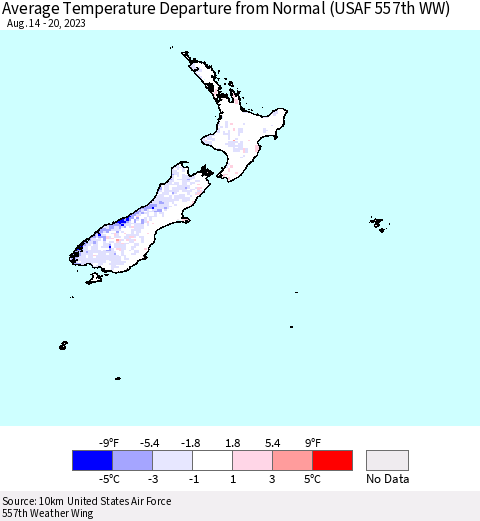 New Zealand Average Temperature Departure from Normal (USAF 557th WW) Thematic Map For 8/14/2023 - 8/20/2023