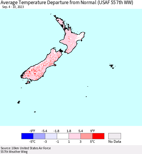 New Zealand Average Temperature Departure from Normal (USAF 557th WW) Thematic Map For 9/4/2023 - 9/10/2023