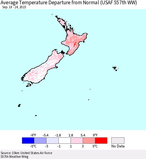 New Zealand Average Temperature Departure from Normal (USAF 557th WW) Thematic Map For 9/18/2023 - 9/24/2023