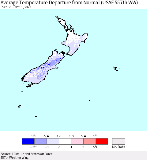 New Zealand Average Temperature Departure from Normal (USAF 557th WW) Thematic Map For 9/25/2023 - 10/1/2023