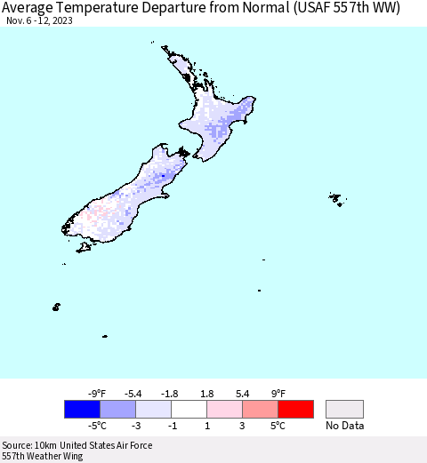 New Zealand Average Temperature Departure from Normal (USAF 557th WW) Thematic Map For 11/6/2023 - 11/12/2023