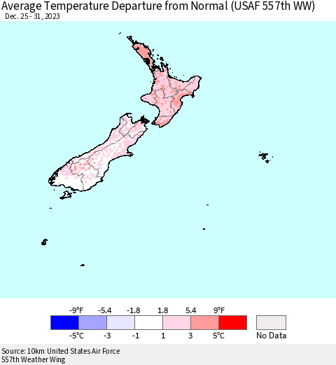 New Zealand Average Temperature Departure from Normal (USAF 557th WW) Thematic Map For 12/25/2023 - 12/31/2023