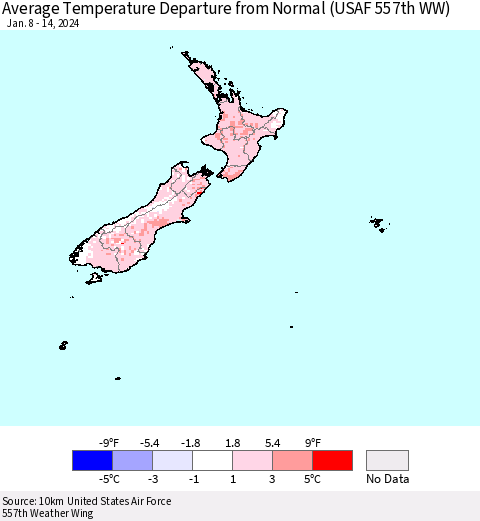 New Zealand Average Temperature Departure from Normal (USAF 557th WW) Thematic Map For 1/8/2024 - 1/14/2024