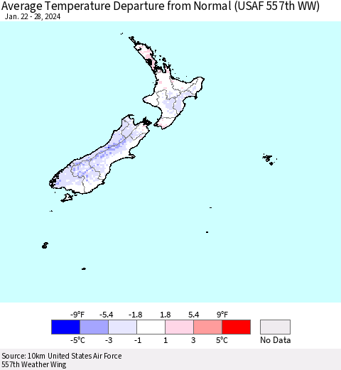 New Zealand Average Temperature Departure from Normal (USAF 557th WW) Thematic Map For 1/22/2024 - 1/28/2024