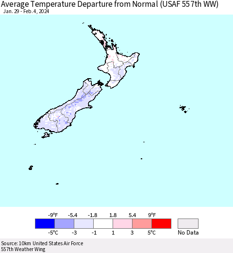New Zealand Average Temperature Departure from Normal (USAF 557th WW) Thematic Map For 1/29/2024 - 2/4/2024