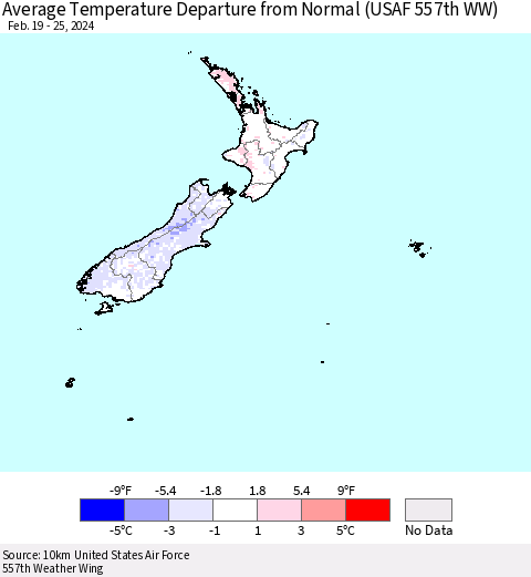 New Zealand Average Temperature Departure from Normal (USAF 557th WW) Thematic Map For 2/19/2024 - 2/25/2024