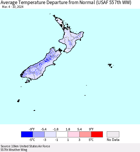 New Zealand Average Temperature Departure from Normal (USAF 557th WW) Thematic Map For 3/4/2024 - 3/10/2024