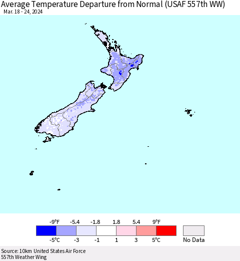 New Zealand Average Temperature Departure from Normal (USAF 557th WW) Thematic Map For 3/18/2024 - 3/24/2024