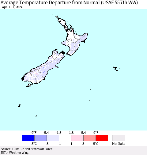 New Zealand Average Temperature Departure from Normal (USAF 557th WW) Thematic Map For 4/1/2024 - 4/7/2024