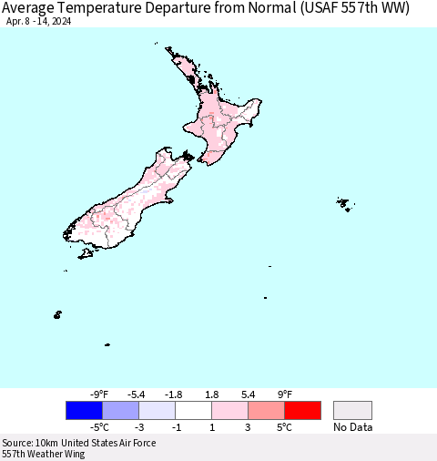 New Zealand Average Temperature Departure from Normal (USAF 557th WW) Thematic Map For 4/8/2024 - 4/14/2024