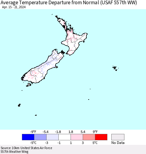 New Zealand Average Temperature Departure from Normal (USAF 557th WW) Thematic Map For 4/15/2024 - 4/21/2024