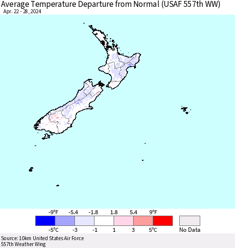 New Zealand Average Temperature Departure from Normal (USAF 557th WW) Thematic Map For 4/22/2024 - 4/28/2024