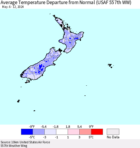 New Zealand Average Temperature Departure from Normal (USAF 557th WW) Thematic Map For 5/6/2024 - 5/12/2024