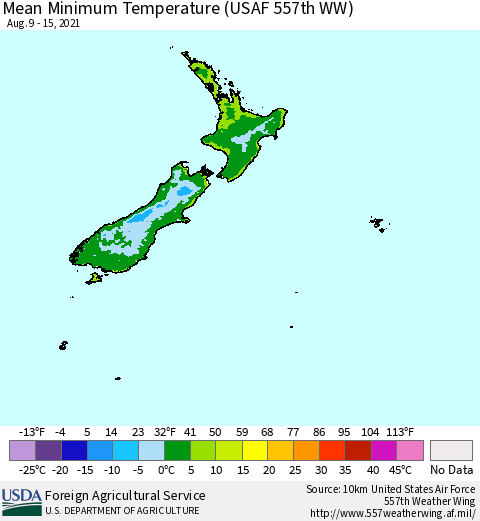 New Zealand Mean Minimum Temperature (USAF 557th WW) Thematic Map For 8/9/2021 - 8/15/2021