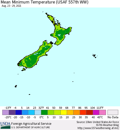 New Zealand Mean Minimum Temperature (USAF 557th WW) Thematic Map For 8/23/2021 - 8/29/2021