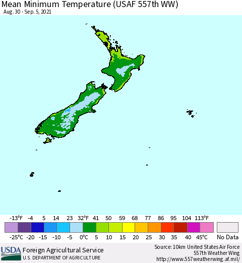 New Zealand Mean Minimum Temperature (USAF 557th WW) Thematic Map For 8/30/2021 - 9/5/2021