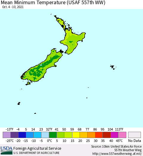 New Zealand Mean Minimum Temperature (USAF 557th WW) Thematic Map For 10/4/2021 - 10/10/2021