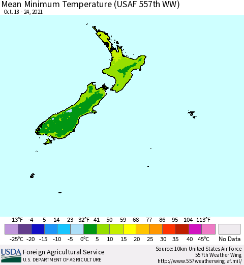 New Zealand Mean Minimum Temperature (USAF 557th WW) Thematic Map For 10/18/2021 - 10/24/2021