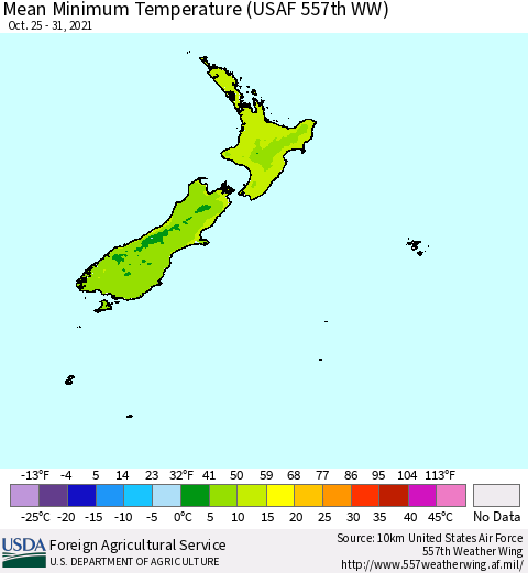 New Zealand Mean Minimum Temperature (USAF 557th WW) Thematic Map For 10/25/2021 - 10/31/2021