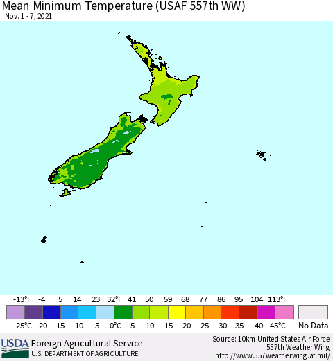 New Zealand Mean Minimum Temperature (USAF 557th WW) Thematic Map For 11/1/2021 - 11/7/2021