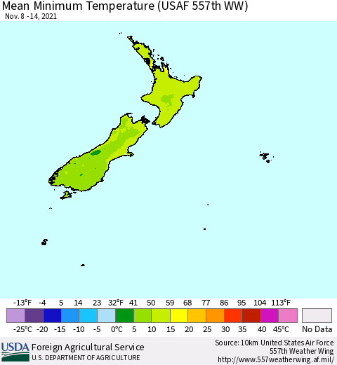 New Zealand Mean Minimum Temperature (USAF 557th WW) Thematic Map For 11/8/2021 - 11/14/2021