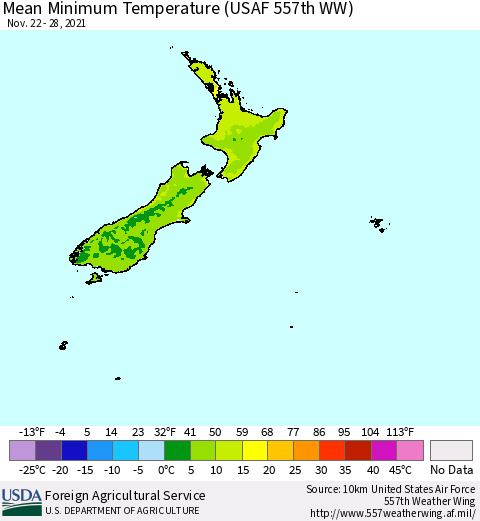 New Zealand Mean Minimum Temperature (USAF 557th WW) Thematic Map For 11/22/2021 - 11/28/2021