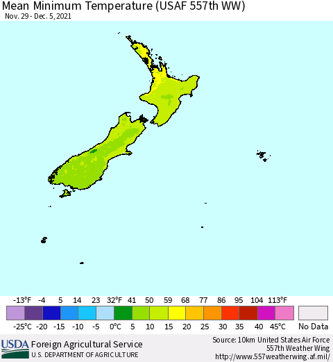 New Zealand Mean Minimum Temperature (USAF 557th WW) Thematic Map For 11/29/2021 - 12/5/2021