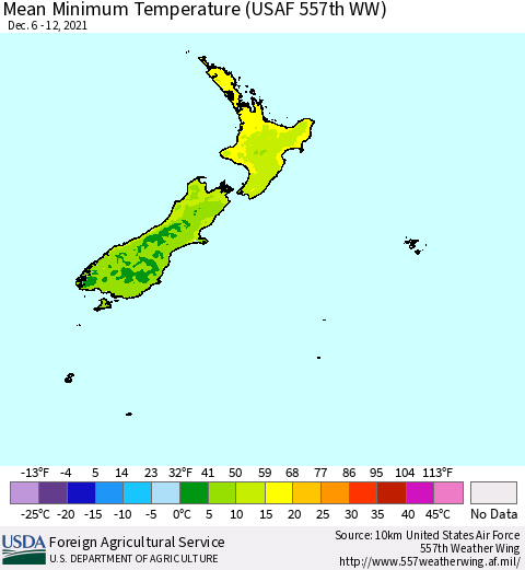 New Zealand Mean Minimum Temperature (USAF 557th WW) Thematic Map For 12/6/2021 - 12/12/2021