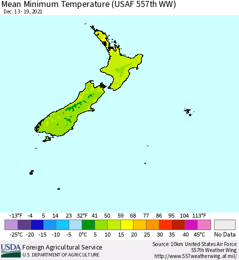 New Zealand Mean Minimum Temperature (USAF 557th WW) Thematic Map For 12/13/2021 - 12/19/2021