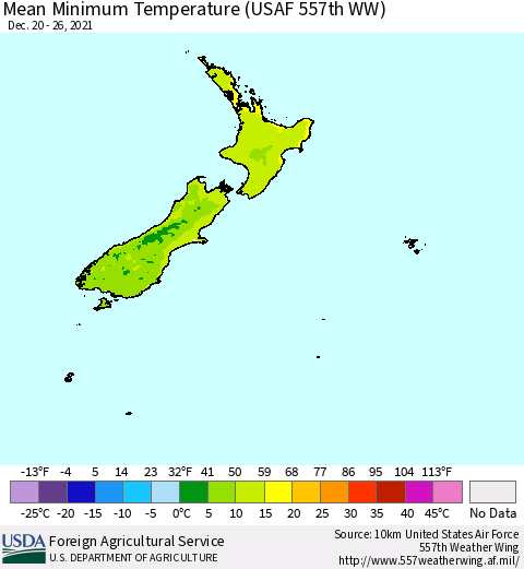 New Zealand Mean Minimum Temperature (USAF 557th WW) Thematic Map For 12/20/2021 - 12/26/2021