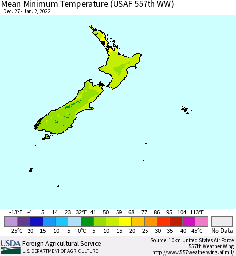 New Zealand Mean Minimum Temperature (USAF 557th WW) Thematic Map For 12/27/2021 - 1/2/2022