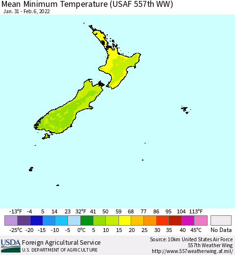 New Zealand Mean Minimum Temperature (USAF 557th WW) Thematic Map For 1/31/2022 - 2/6/2022