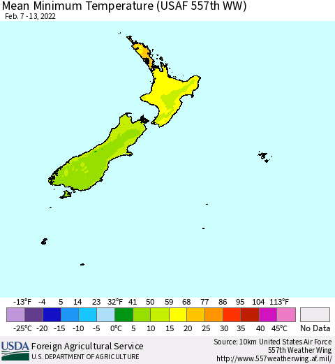 New Zealand Mean Minimum Temperature (USAF 557th WW) Thematic Map For 2/7/2022 - 2/13/2022