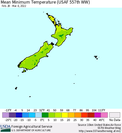 New Zealand Mean Minimum Temperature (USAF 557th WW) Thematic Map For 2/28/2022 - 3/6/2022