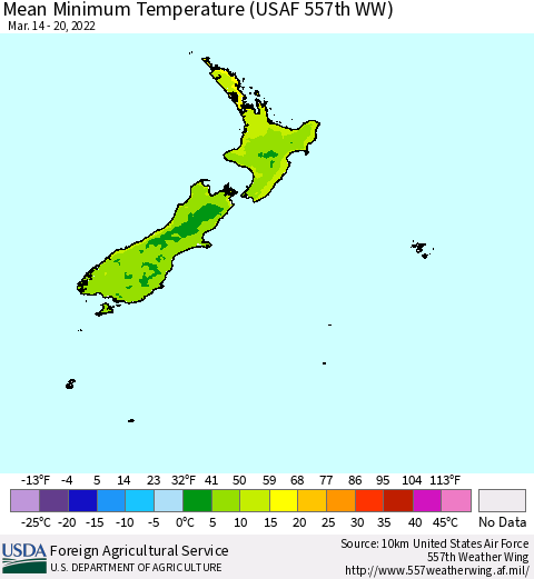 New Zealand Mean Minimum Temperature (USAF 557th WW) Thematic Map For 3/14/2022 - 3/20/2022