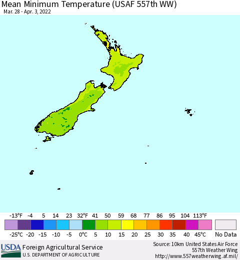 New Zealand Mean Minimum Temperature (USAF 557th WW) Thematic Map For 3/28/2022 - 4/3/2022