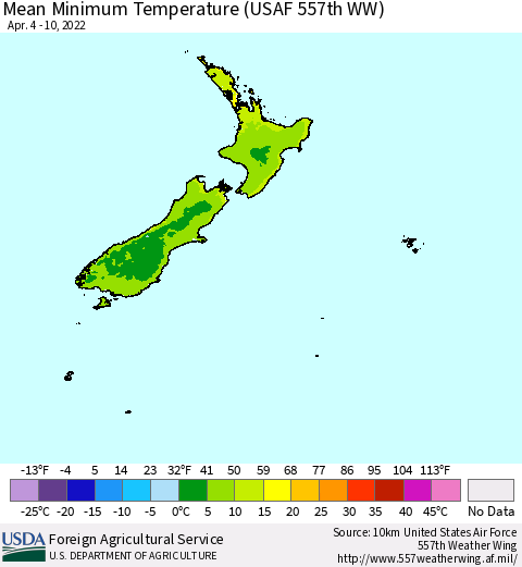 New Zealand Mean Minimum Temperature (USAF 557th WW) Thematic Map For 4/4/2022 - 4/10/2022