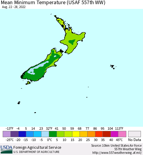 New Zealand Mean Minimum Temperature (USAF 557th WW) Thematic Map For 8/22/2022 - 8/28/2022