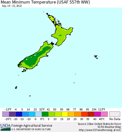 New Zealand Mean Minimum Temperature (USAF 557th WW) Thematic Map For 9/19/2022 - 9/25/2022