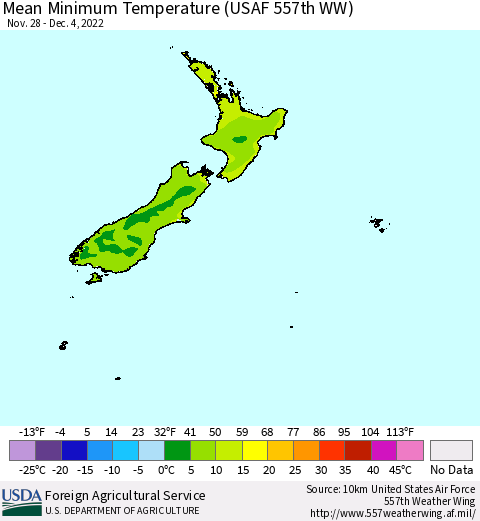 New Zealand Mean Minimum Temperature (USAF 557th WW) Thematic Map For 11/28/2022 - 12/4/2022