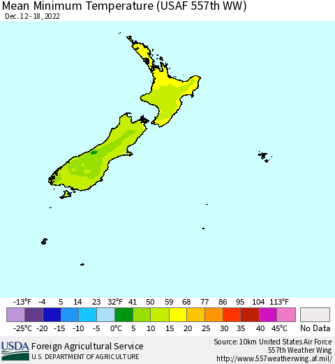 New Zealand Mean Minimum Temperature (USAF 557th WW) Thematic Map For 12/12/2022 - 12/18/2022